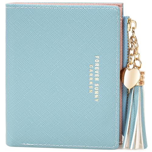 Image of KOTORA Womens Small Wallet Girls Tiny Slim Wallets Pretty Mini Card Holder Thin Short Zip Coin Purse with Love Pendant and Tassels (Blue)