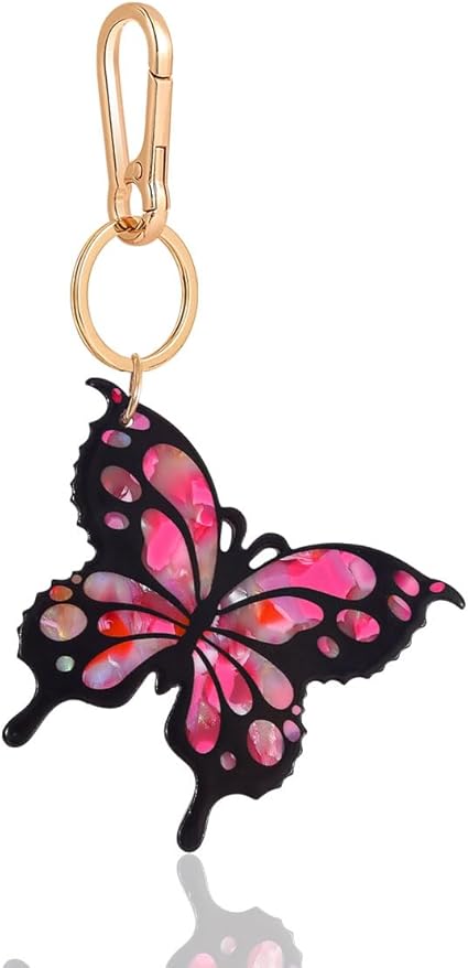 Tropical Hibiscus Flower Bird Butterfly Keychain Bag Charm Keychain Gold-Tone Clasp, 5.3 Inches