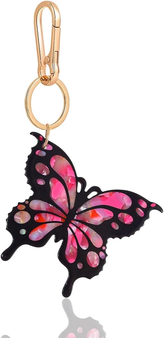 Tropical Hibiscus Flower Bird Butterfly Keychain Bag Charm Keychain Gold-Tone Clasp, 5.3 Inches