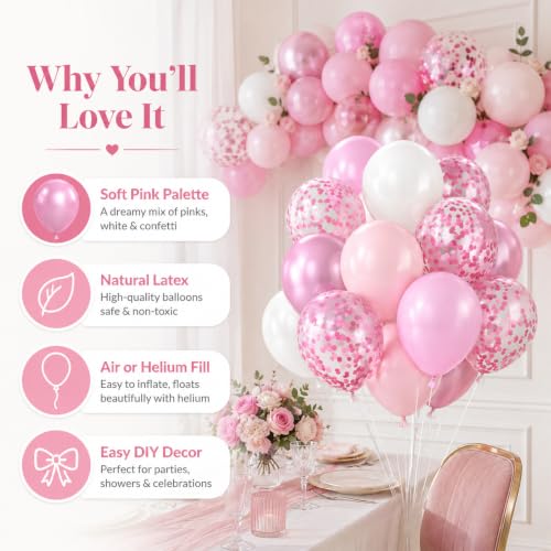 Image of Biapian Pink & White Metallic Chrome Confetti Latex Balloons - 12 Inch Ribbon Party Balloons Set for Girls' Birthday Princess Parties