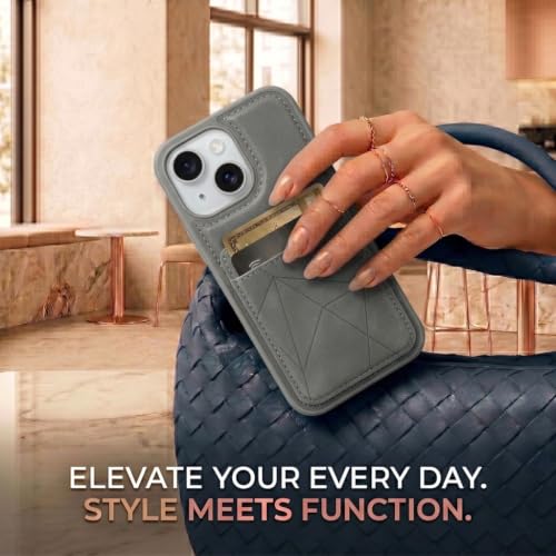 Image of amazon basics Premium Vegan Leather Back Cover with Card Holder and Integrated Mobile Stand for iPhone 15 - Slim Shockproof Wallet Case with Geometric Stitching [Gray]