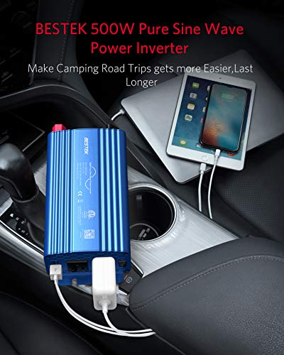 BESTEK 500W Pure Sine Wave Power Inverter DC 12V to 110V AC Car Plug Inverter Adapter Power Converter with 4.2A Dual USB Charging Ports and 2 AC Outlets Car Charger, ETL Listed, Blue