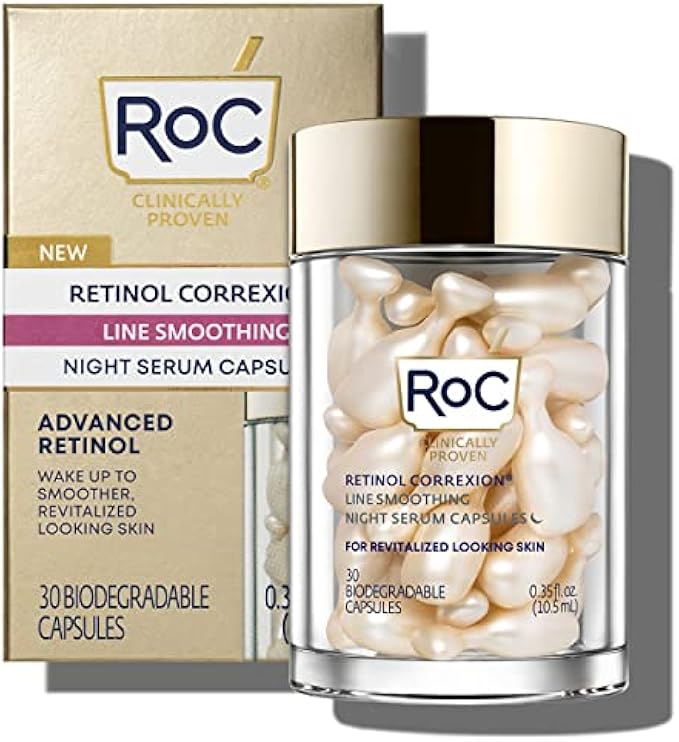 RoC Retinol Correxion Anti-Aging Wrinkle Night Serum, Daily Line Smoothing Skin Care Treatment for Fine Lines, Dark Spots, Post-Acne Scars, 30 Individual Capsules, Unscented, 0.35 Fl Oz