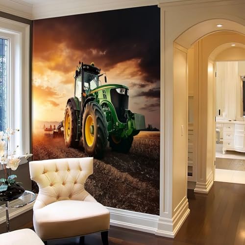 Fotomurales de pared de seda para tapar imperfecciones con paisaje de tractor en tonos naranja 7