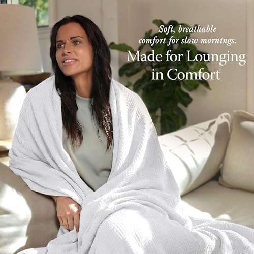 Threadmill Luxury 100% Cotton Herringbone Queen Blanket, Bright White #TOP28