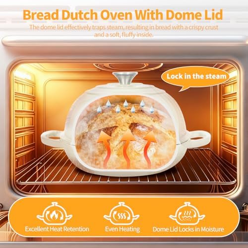 ONKO Dutch Oven For Sourdough Bread Baking, 6QT Enameled Cast Iron Dutch Oven Pot With Lid, Non-stick Sourdough Baking Pan with Bread Dome, Round Ceramic Dutch Ovens Pot with Cloche for Homemade - Thumbnail 5