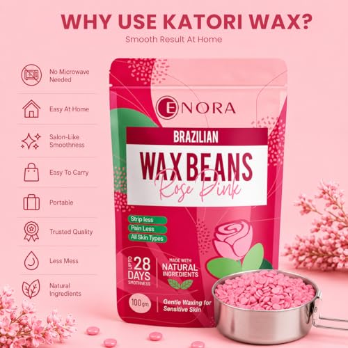 Image of ENORA Brazilian Stripless Wax Beans for Women (400g) | With Wooden Spatula | Natural | For Face, Chin, Hairline, Bikini Area & Full Body Hair Removal (400 Gram, Rose Pink)