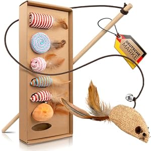 Katzenspielzeug Natur 7 Teile Set, Maus aus Plüsch und Sisalseil mit Federn inkl. Katzenangel aus Holz, interaktives Katzen Spielzeug zur selbstbeschäftigung, fördert Koordination von Kitten