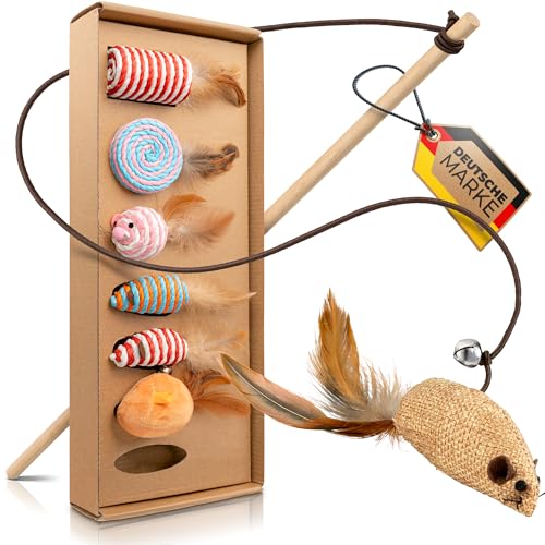 Katzenspielzeug Natur 7 Teile Set, Maus aus Plüsch und Sisalseil mit Federn inkl. Katzenangel aus Holz, interaktives Katzen Spielzeug zur...