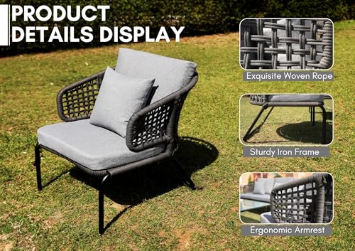Image of DEVOKO Outdoor Patio Furniture Set, Rope Conversation Sofa Set with Glass Coffee Table, for Garden, Backyard,Terrace (Gray and Gray)