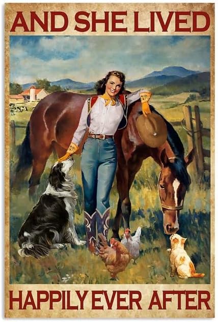 CCPARTON Metal Signs Horse Girl and She Lived Happily Ever After Signs Vintage Aluminum Sign for Home Retro Coffee 8x12 Inches