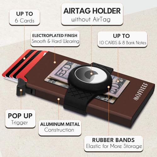MOSIYEEF Pop Up Wallet with Holder for AirTag - Stealth Wallet RFID Blocking Metal Slim Card Case Holds 15 Cards and Notes (Brown)4