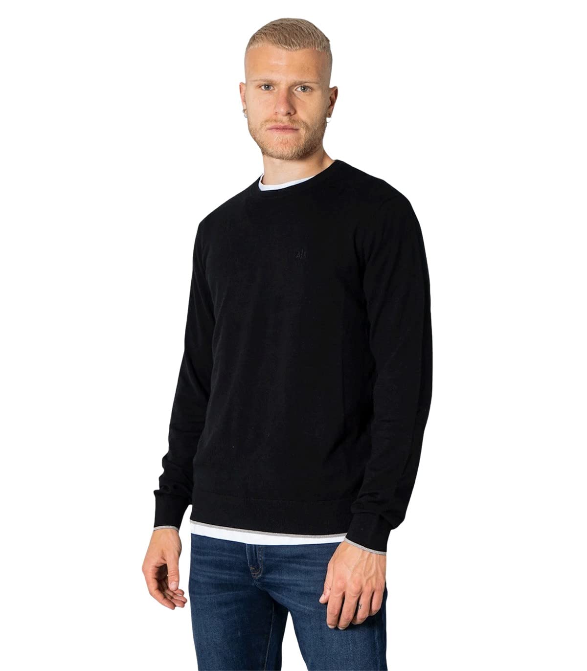 Armani Exchange Mens Crew Neck, Front Embroidered Ton sur Ton Logo Sweater Sweater, Black, Small