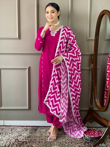 Image of Naixa Women's Gajri Viscose Embroidered Straight Kurta with Viscose Pant and Chiffon Printed Dupatta Sets (NX-447)