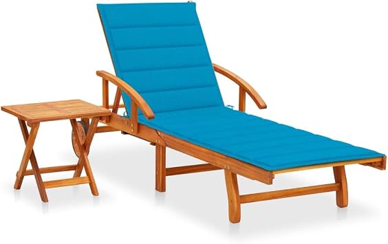 Folding Outdoor Lounge Chair with Table Blue Natural Wood Solid Acacia Wood Large Comfortable Cushion Adjustable Backrest for Patio Garden Poolside