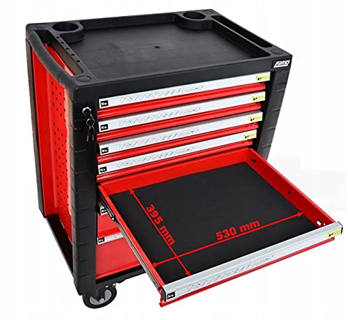 Werkstattwagen 7 Fächer | zentral abschließbar | Antirutschmatten | kugelgelagerte Schubladen | 1 Rolle mit Feststellbremse (rot schwarz) – Bild 5