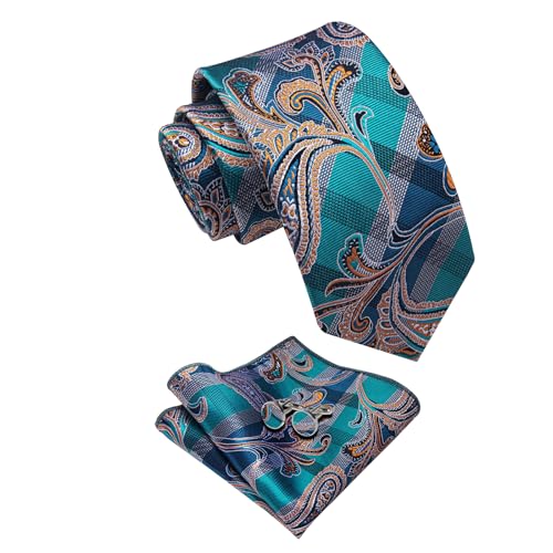 Image of YourTies Silk Paisley Floral Tie and Pocket Square Cufflinks with Lapel Pin Sets for Men 5PC Wedding Party