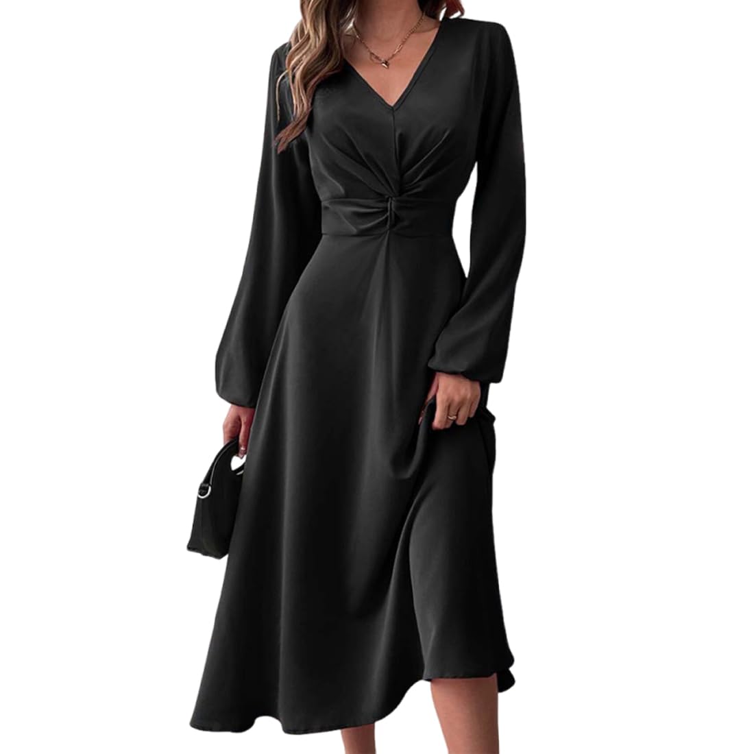 Vestidos de Fiesta Mujer Elegante Manga Larga Midi Vestido de Cóctel Plisado Sexy Cuello en V Bodycon Vintage A-línea Formal Vestido para Invitada Boda Noche Otoño Invierno