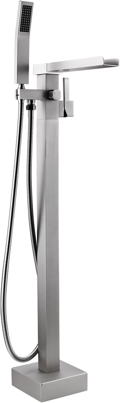 BAGNOLUX Grifo de bañera de latón con una sola manija con ducha de mano (estilo cascada B, níquel cepillado)