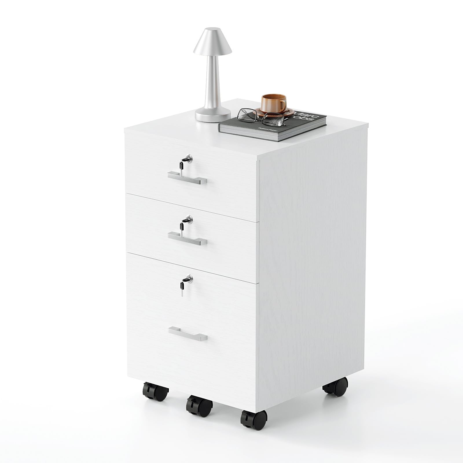 Bonnlo mobiler Aktenschrank 3 Schubladen für Büro, Homeoffice, weiß | Aktenschrank mit Rollen, mobiler Rollcontainer, abschließbarer Büroschrank, Schubladenschrank für A4- und Letter-Formate