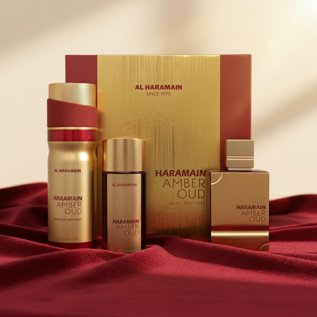 Al Haramain Amber Oud Ruby Edition Geschenkset | Eau de Parfum 75 ml + Reisegröße 30 ml + Deodorant Body Spray 200 ml | Premium arabischer Duft für Damen und Herren | Ideale Wahl für Parfümgeschenke