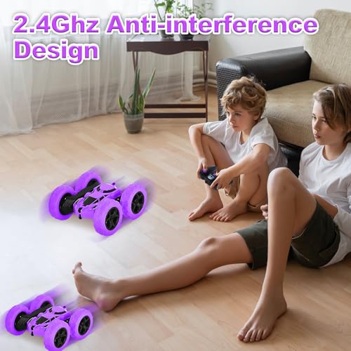 MidiVix Ferngesteuertes Auto, 90 Min Spielzeit, 2.4Ghz Doppelseitig 360° drehbare RC Stunt Crawler mit Scheinwerfern, 4WD Off Road Drift RC Auto Spielzeug Geschenke für Jungen 6-12 Lila