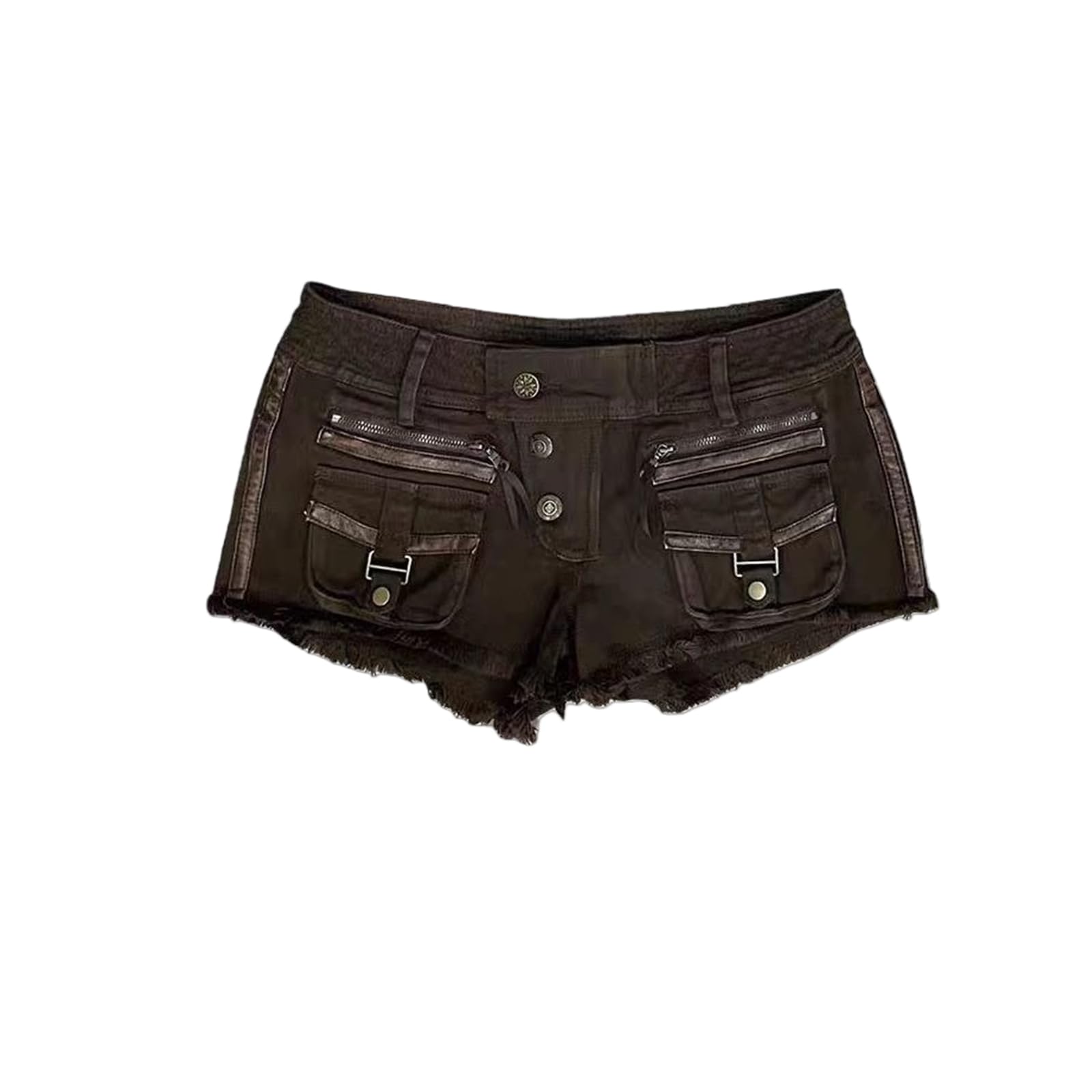 Short Jeans Femme Femmes Brown Foncé Denim Shorts Taille Basse Multi-Pocket Vintage Été Casual Mini Shorts-Coffee- M