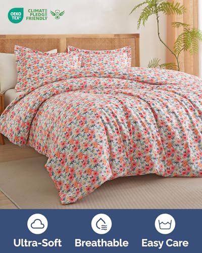 Image of Duvet Cover King Size Set - Extra Soft Floral Duvet Cover 104 x 90 with 2 Pillow Shams - Comfy, Breathable Floral Bedding Set - Hotel Luxury and Fade Free with Zipper Closures & Ties - Blush Bouquet