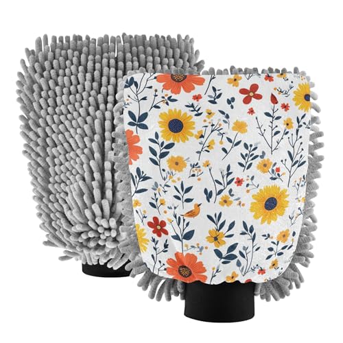 Flowers Sunflower Cornflower Birds White Microfiber Wash Mitt 11.8'' Car Washing Glove Scratch Free Detailing Gloves for Hand Brush Cleaning