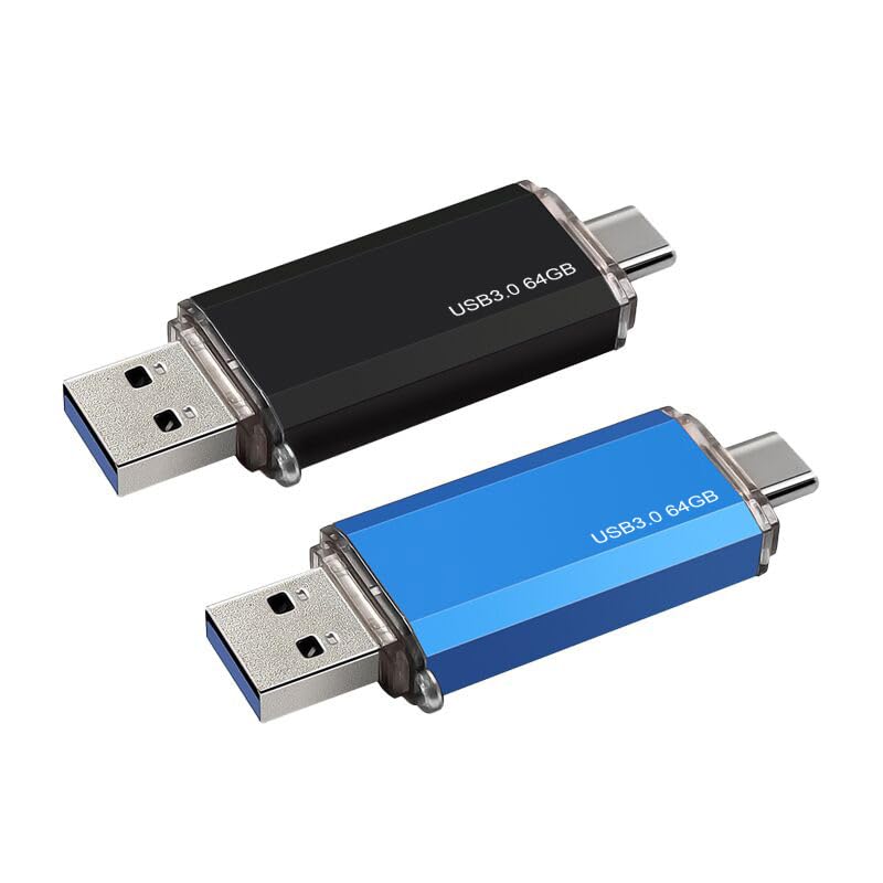 2-Pack 64GB Dual USB 3.0 Flash Drive USB C & USB A 2-in-1, Thumb Drive for Type-C Phones, PC, External Storage for Photos/Videos/Files