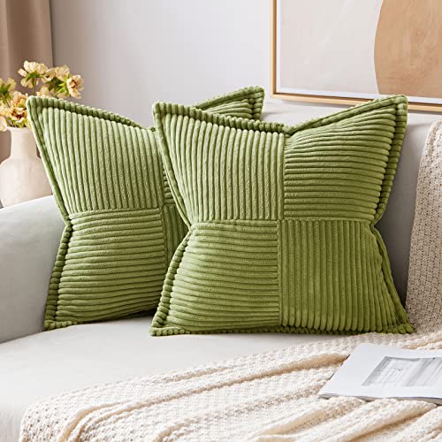 Image of MIULEE Spring Decorative Throw Pillow Covers for Couch Bed Livingroom 18x18 Inch Set of 2 Green Boho Accent Throw Pllows Broadside Striped Patchwork Soft Corduroy Summer Pillowcases