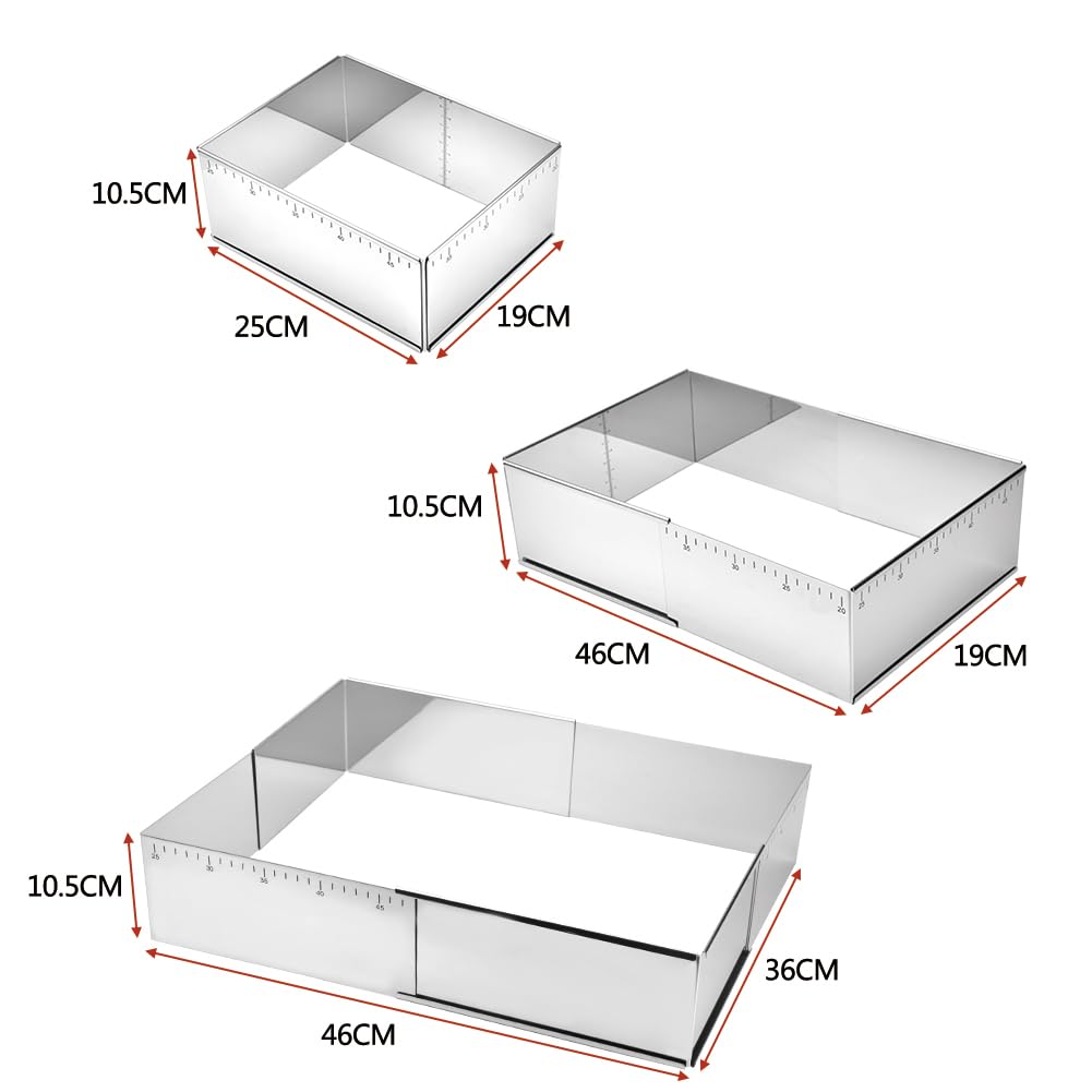 Cadre à pâtisserie rectangulaire,Moule pâtisserie en Acier Inoxydable Pour Gâteaux Mousse, Réglable 25-46 cm x 19-36 cm, Hauteur 10 cm