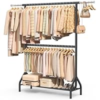 EAGMAK Double Clothes Rail Heavy Duty Load 280 Kg, Clothes Rail for Hanging Clothes, Garment Rack with Sotrage Shelves, Clothing Hanger Closet Wardrobe Organizer with Upper and Lower Rods (Black)