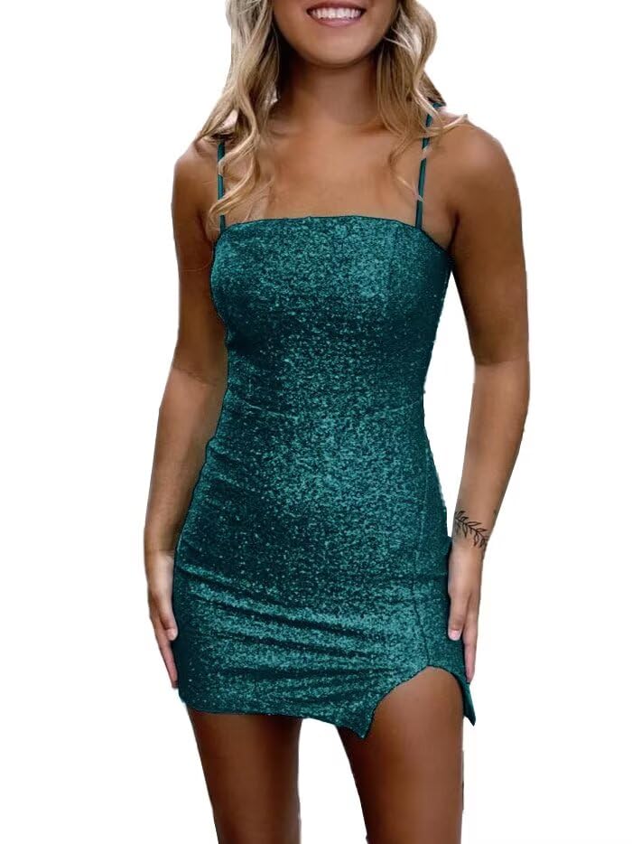 Spaghetti Straps Homecoming Dresses 2024 Sparkly Sequin Tube Sheath Split Short Mini Prom Cocktail Graduation Dresses