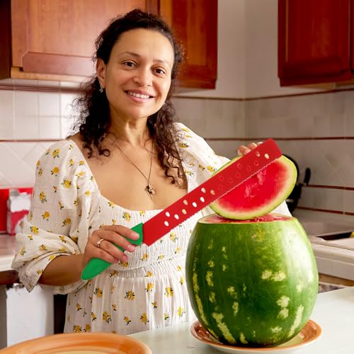 DECHOUS Watermelon Knife with Sleeve: Long Serrated Watermelon Knife for Melon Cutting - Kitchen Fruit Melon Cutter Slicer for Home Summer Party Fruit Serving (Red Green)