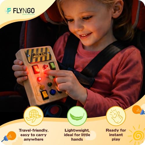 Image of FLYNGO Busy Board for Toddlers, Montessori Toy with LED Light, Wooden Sensory Activity Board for Toddlers & Kids 1-5 Years, Hand-Eye Coordination & Brain Development for Boys & Girls (6L Busy Board)