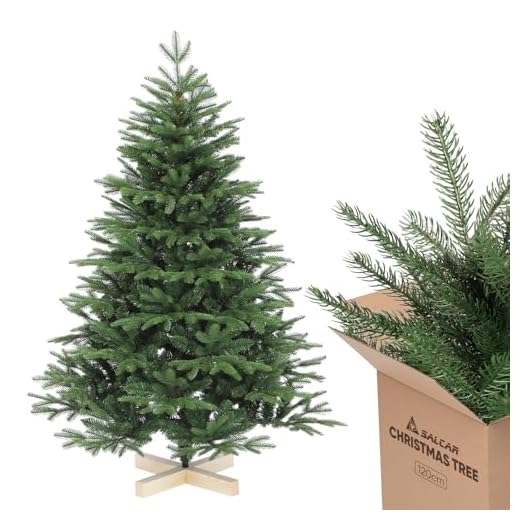 SALCAR Weihnachtsbaum künstlich 120 cm mit Holzständer, PE naturgetreue Spritzguss Elemente & PVC Nordmanntanne, 1,2 m Tannenbaum künstlich (Ø 94 cm)