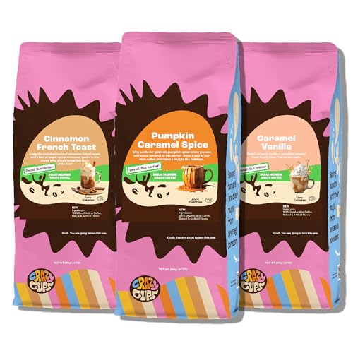 Crazy Cups Decaf Flavored Ground Coffee Variety Pack, Includes Cinnamon French Toast, Caramel Vanilla, Pumpkin Caramel Spice
