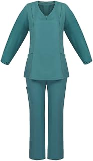 Scrub Set for Women Long Sleeve V-Neck Scrubs Top Workwear & Elastic Waist Pants Professionals, 5 Pockets