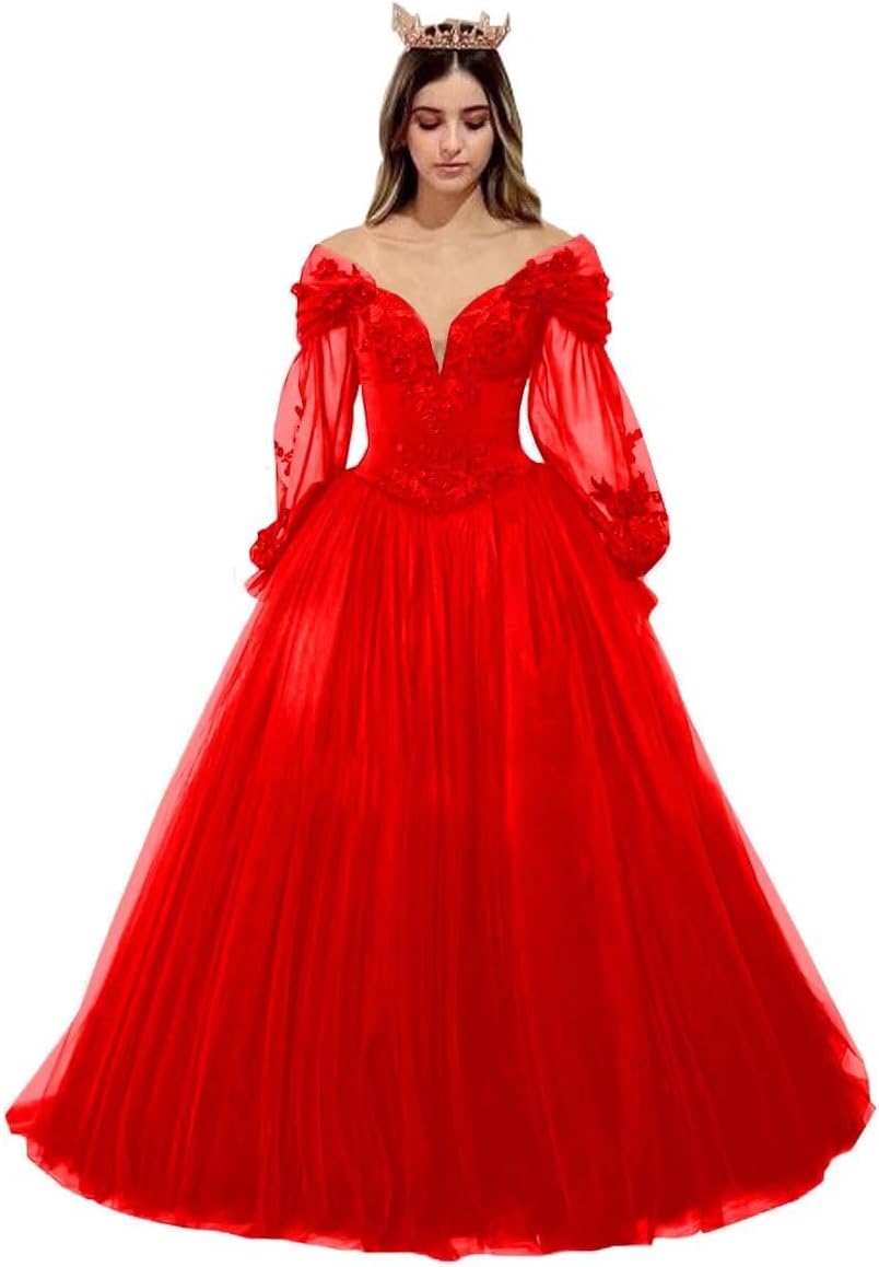 Mouccy Gothic Black Wedding Dresses for Bride Long Sleeve Bridal Gowns with Train V Neck Lace Wedding Gowns for Women