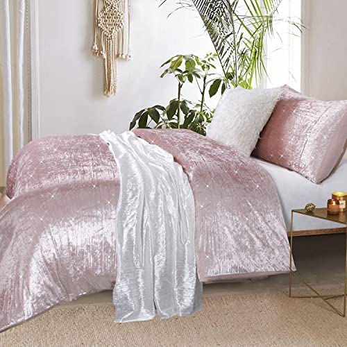 Yinfung Crushed Velvet Duvet Cover Luxury Queen Pink Blush Girl Women Crinkle Velvet Boho Winter Cotton Glossy Sparkle Glitter Starry Vibrant Textured 90×90 Bedding Set #TOP1