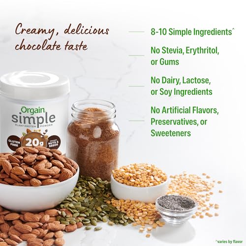 Image of Orgain Organic Simple Vegan Protein Powder,Chocolate-20g Plant Based Protein,Made with Less Ingredients,No Artificial Sweeteners,Gluten Free,No Dairy /Lactose,1.25 lb (Packaging May Vary) (Pack of 6)