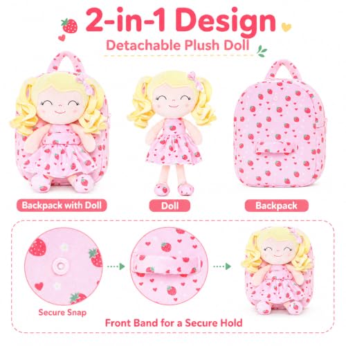 Image of Gloveleya Toddler Backpack Baby Girl Gifts Curly Hair Plush Figures Dress Backpack Kids Backpack Curly Spring Girl Fruit - Strawberry 9inches