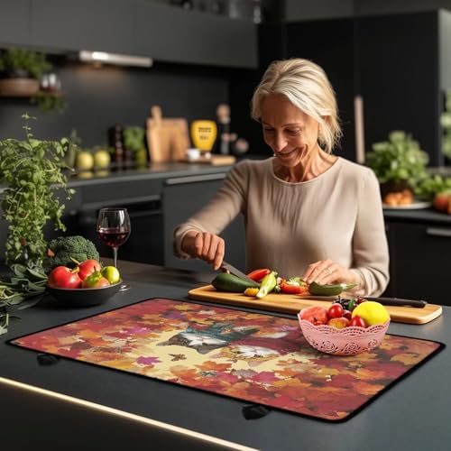 Image of Stove Cover Dust Mat, Thanksgiving Maple Cat, Heart Resistant Ceramic Glass Electric Stove Top Cover, Extra Large Stovetop Cover for Electric, Thanksgiving Decor