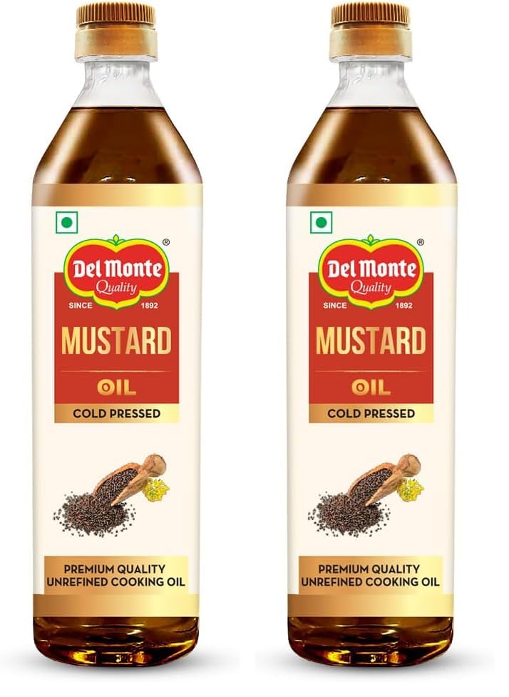 Image of Del Monte Cold Pressed Mustard Oil 1L, Kolhu /Kacchi Ghani /Chekku | 100% Pure & Unrefined | Rich Aroma & Flavour | Healthy everyday cooking oil: Ideal for Deep Frying, Roasting, Grilling | Cholesterol Free | Contains MUFA, Omega 3 & 6 | Good for Heart health