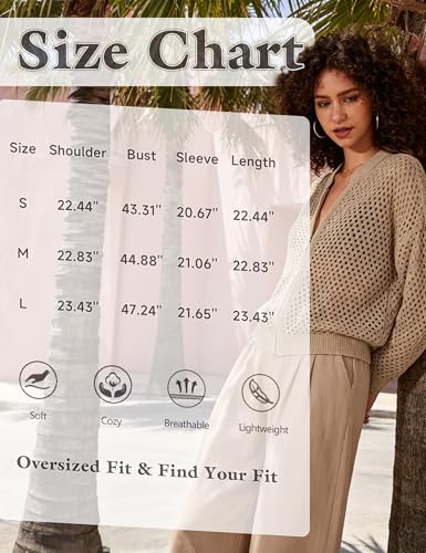 Image of HOCANDY Womens Zip Up Crochet Cardigan Sweater Oversized Long Sleeve Hollow Out Knit Bomber Jacket Fishnet Sweaters