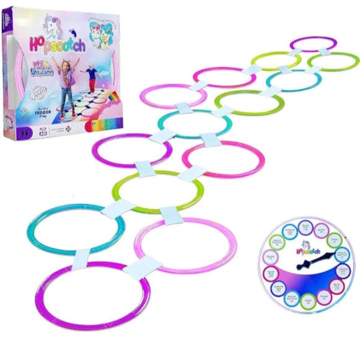Unicorn Hopscotch Junior Ring Game with Connectors & Spinner, Indoor & Outdoor Play Games for Kids Floor Game pacl of 1 (10 Colourful Rings, 12 Joints & 1N Spinner)