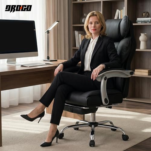 Image of DROGO Emperium Office Chair for Work from Home 400LBS | Ergonomic Executive Boss Chair with PU Leather,High Back, Spacious Cushion Seat & Pumping Lumbar Support | Premium Metal Base & Footrest (Black)