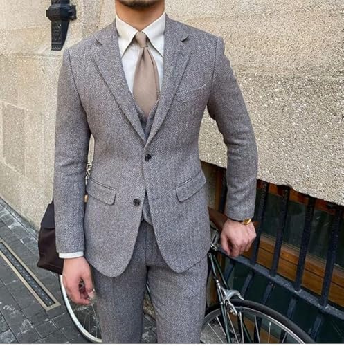 Retro Tweed Herringbone 3 Piece Suit Men's Slim Fit Suits Groom Tuxedos Prom Wedding Suits Jacket Blazer Vest Pants4