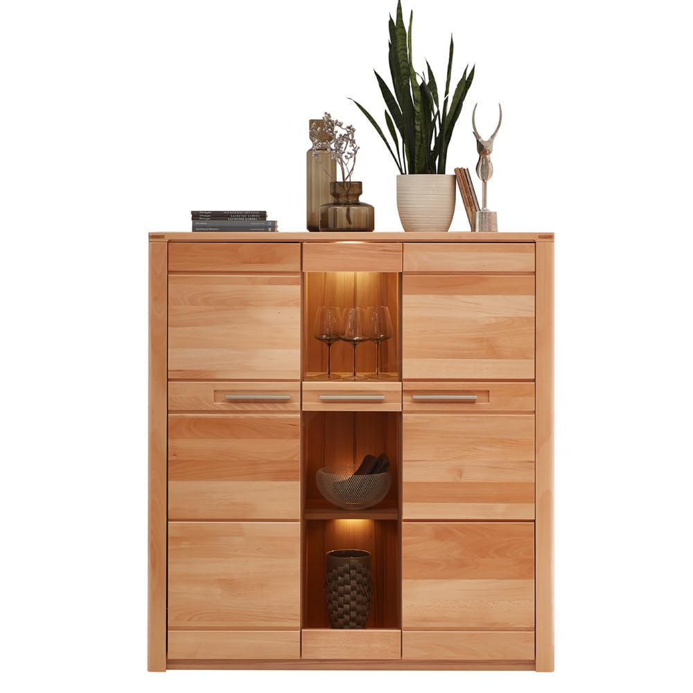 Lomadox Wohnzimmer Esszimmer Highboard Anrichte Kommode inkl. Beleuchtung, Front Kernbuche massiv